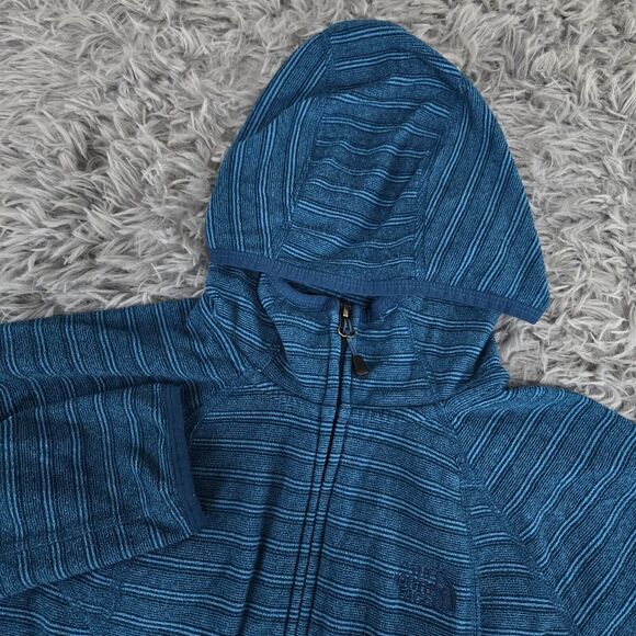 North Face Polartec Womens Small Aqua‎ Blue Striped L/S Full Zip Hooded Jacket - Picture 1 of 8
